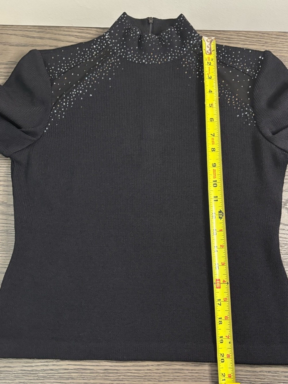 St John Black Rhinestone Knit Top Mesh Shoulder Mock Neck Size 2 - Picture 8 of 9